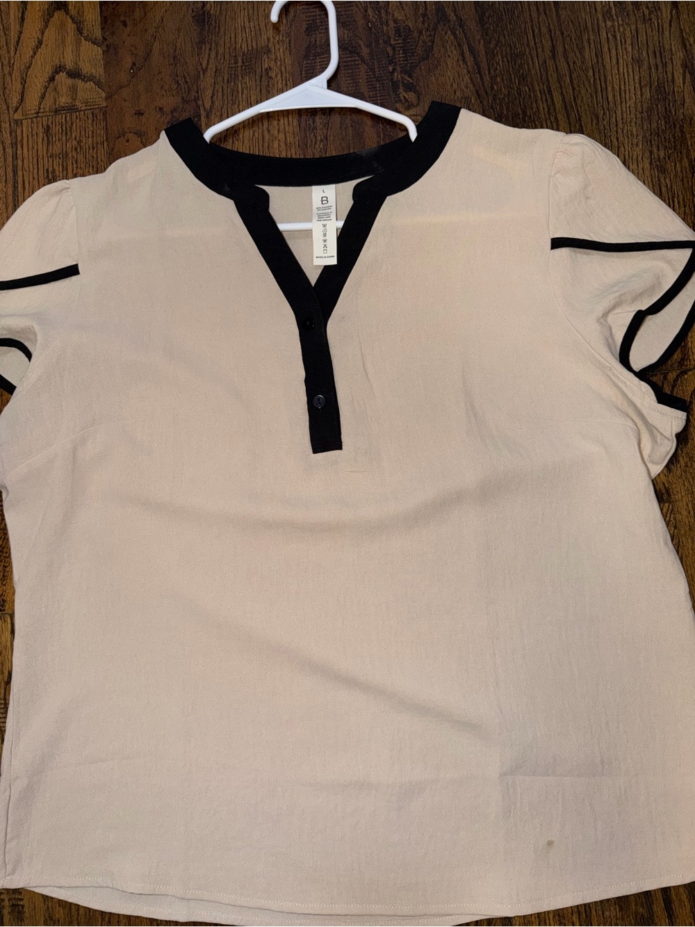Cream Short-Sleeve Henley Blouse with Black Trim